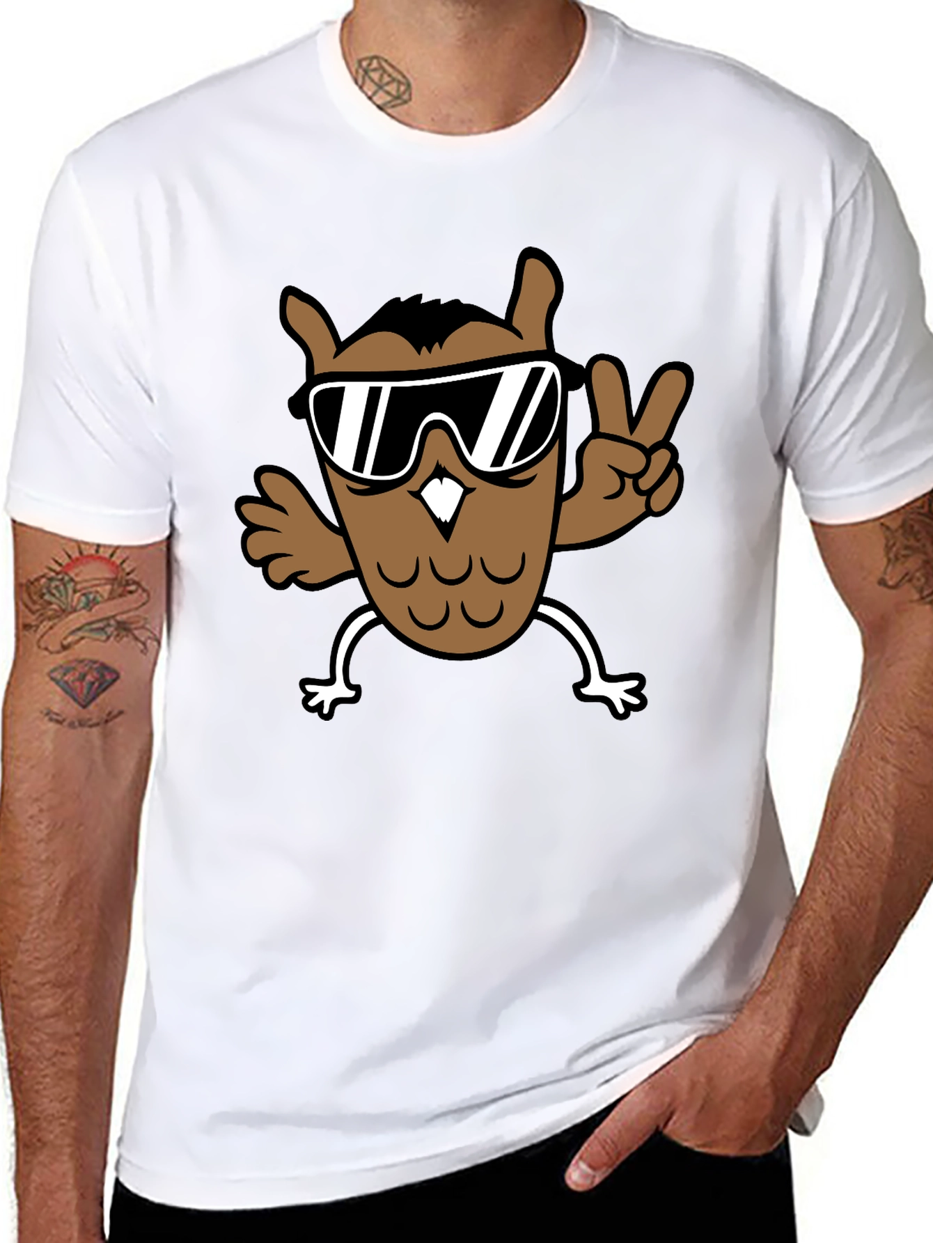 Black Cool Owl Graphic Tee - Black Cotton T-Shirt view 8