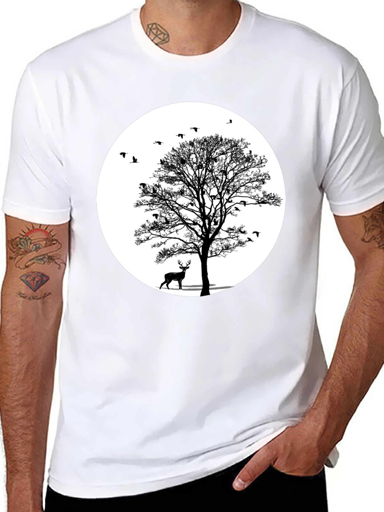 Black Nature Scene Graphic Tee - Deer and Birds view 8