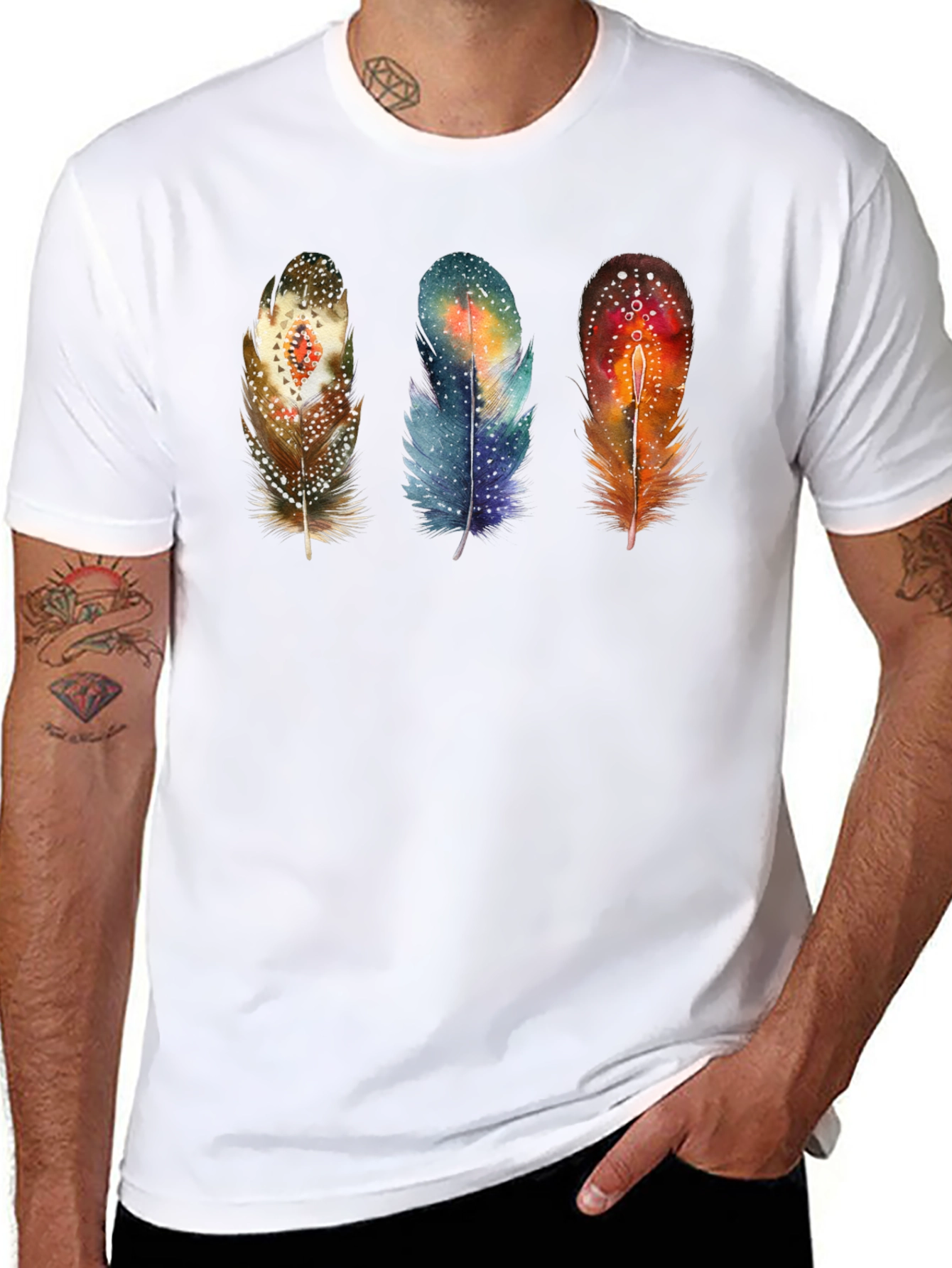 Black Feather Trio Graphic T-Shirt - Unique Artistic Design view 8