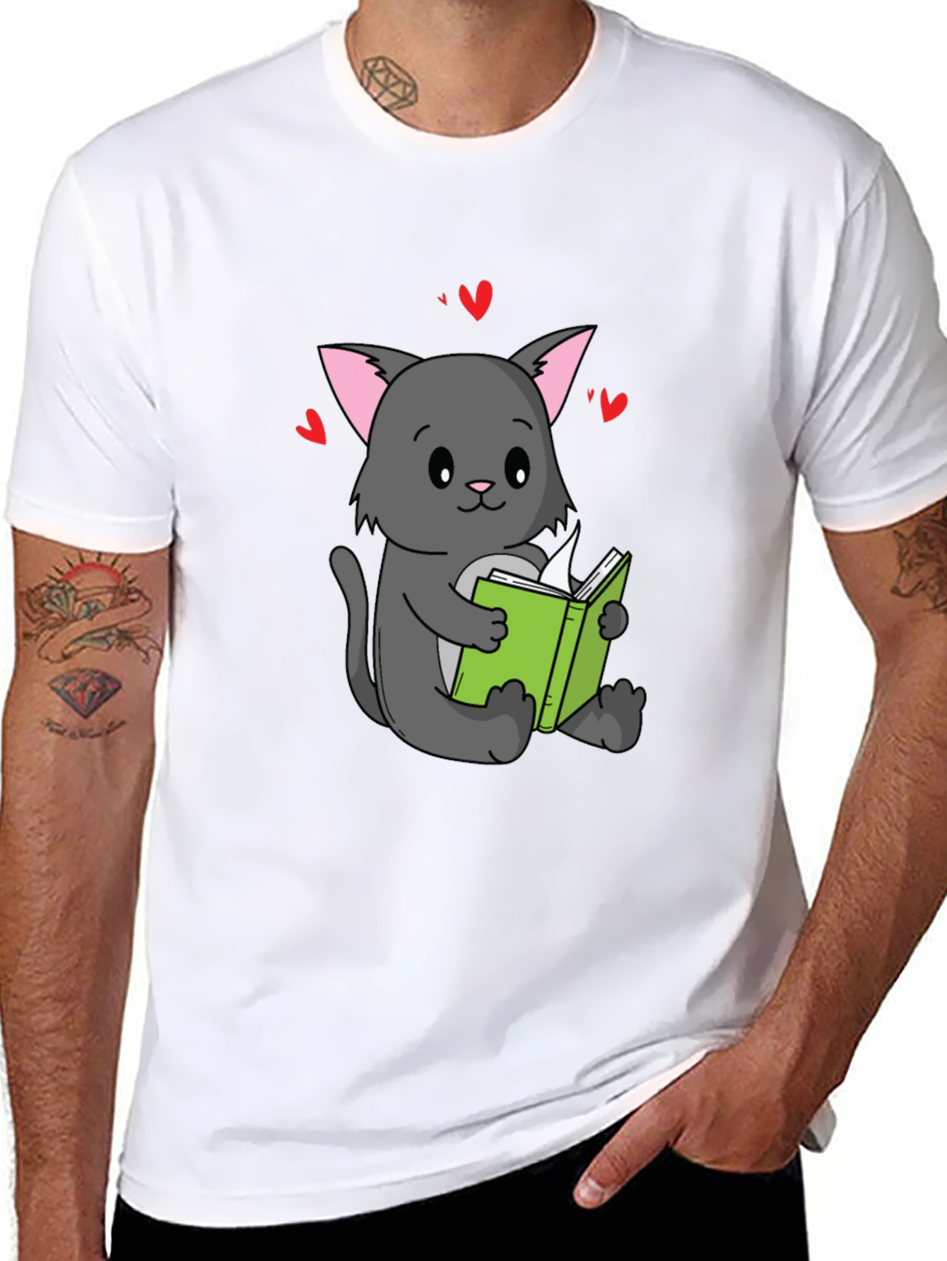 Black Cute Cat Reading Book T-Shirt - Unisex view 8