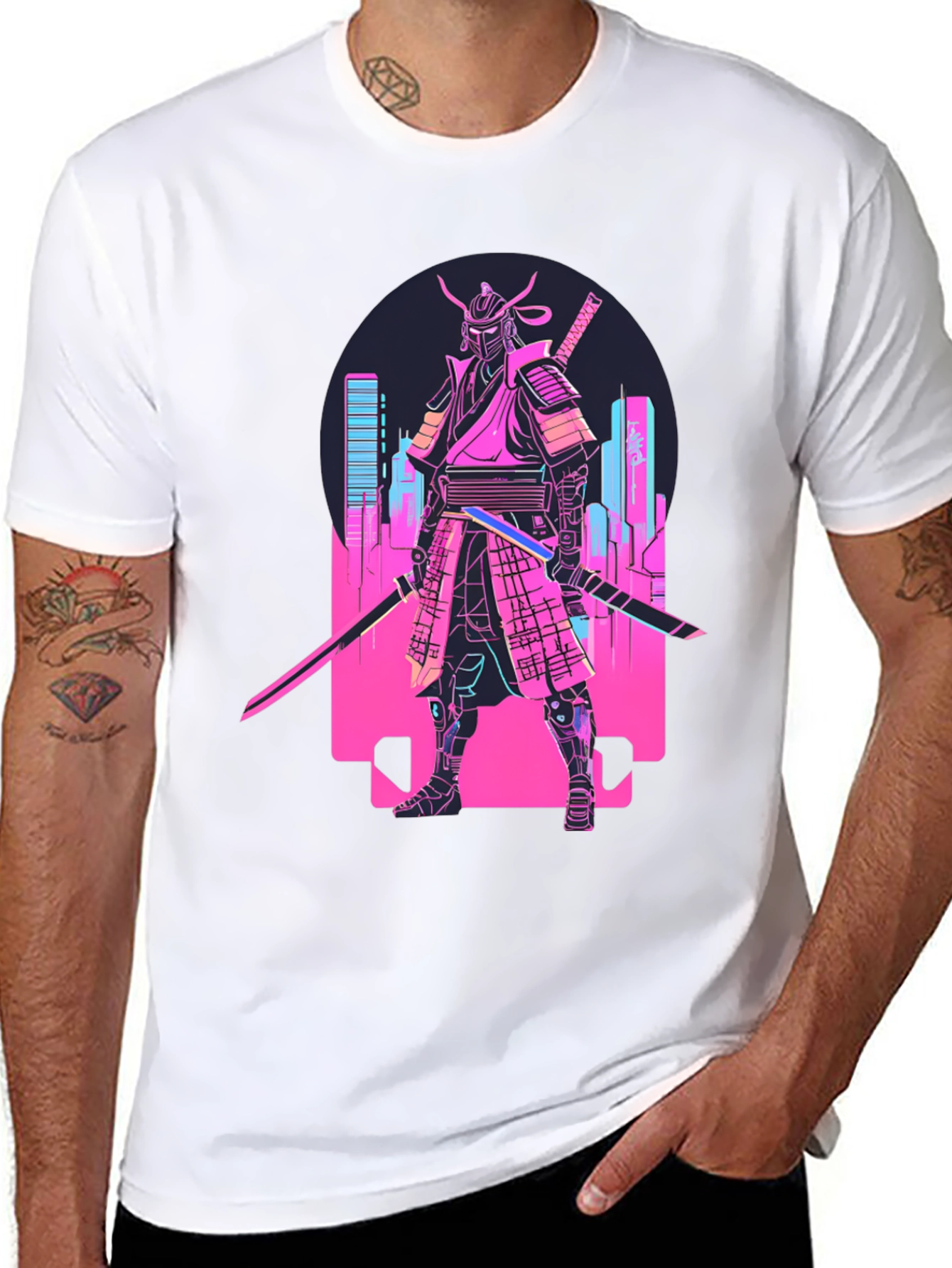 Black Cyberpunk Samurai T-Shirt - Neon City Warrior view 8