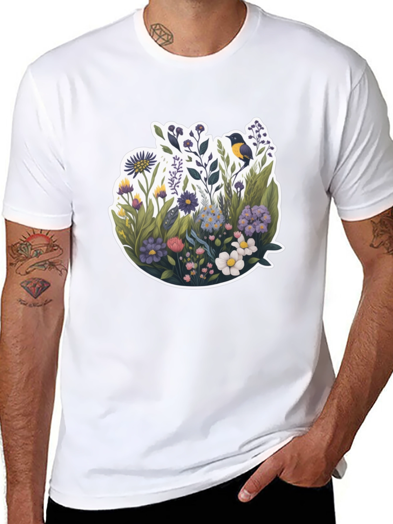 Black Floral Bird Graphic Black T-Shirt view 8