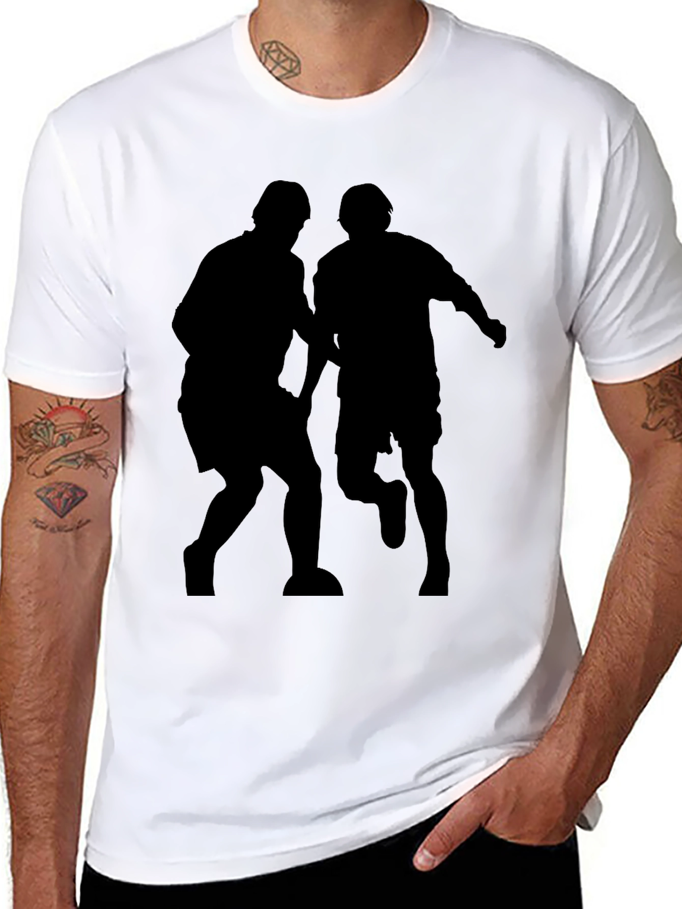 Men's Black Graphic Tee - Soccer Players Silhouette - 8