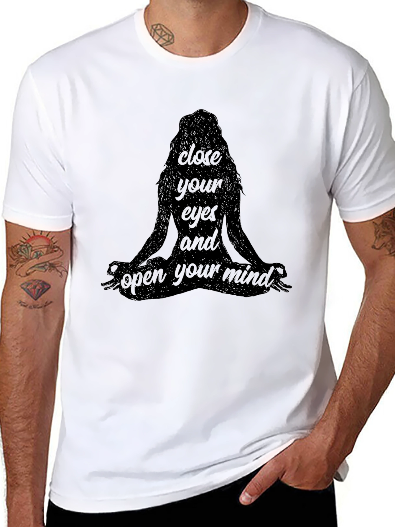 Black Meditate T-Shirt - Close Your Eyes and Open Your Mind view 8