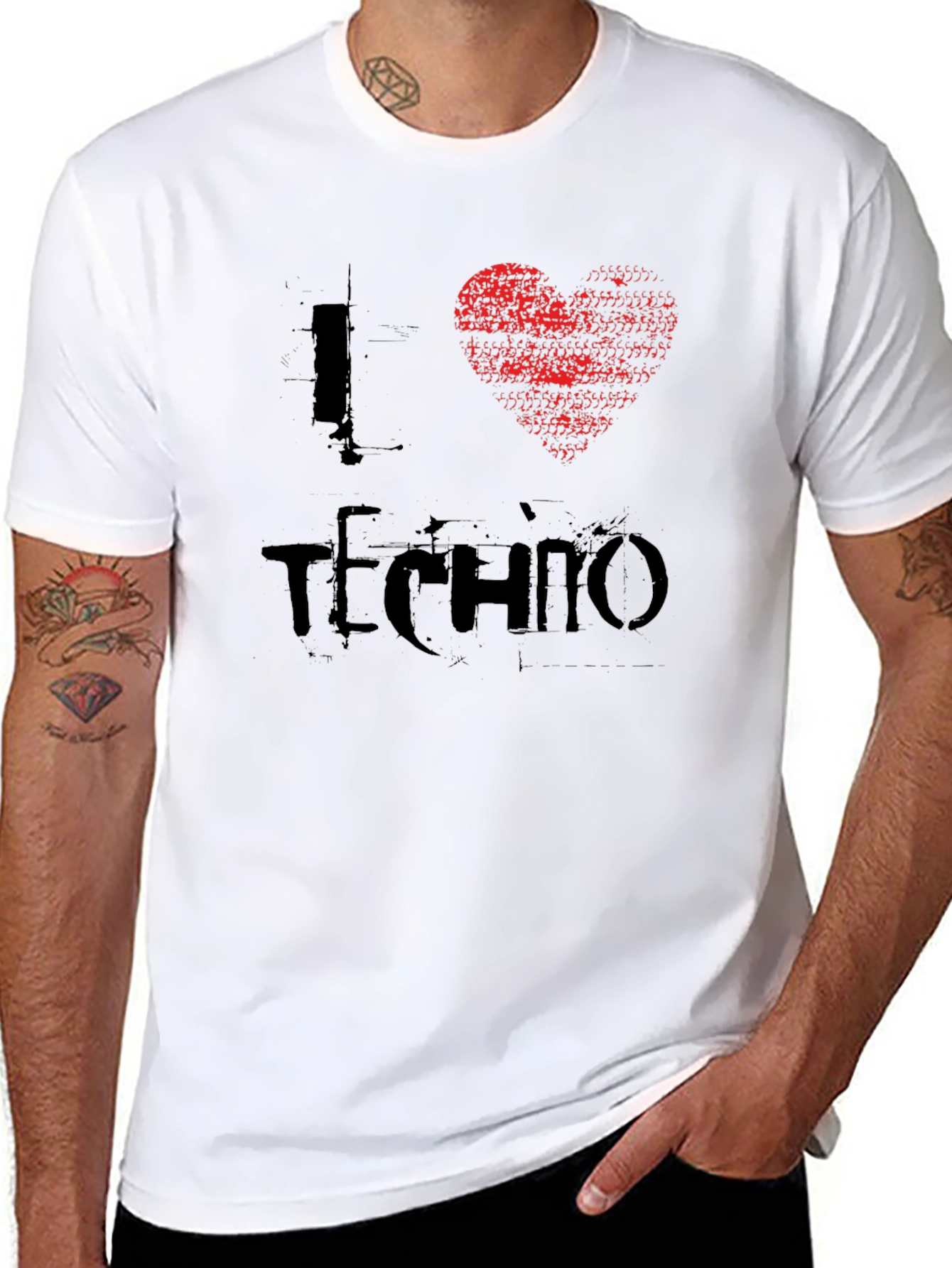 Black I Heart Techno T-Shirt - Distressed Graphic Tee view 8