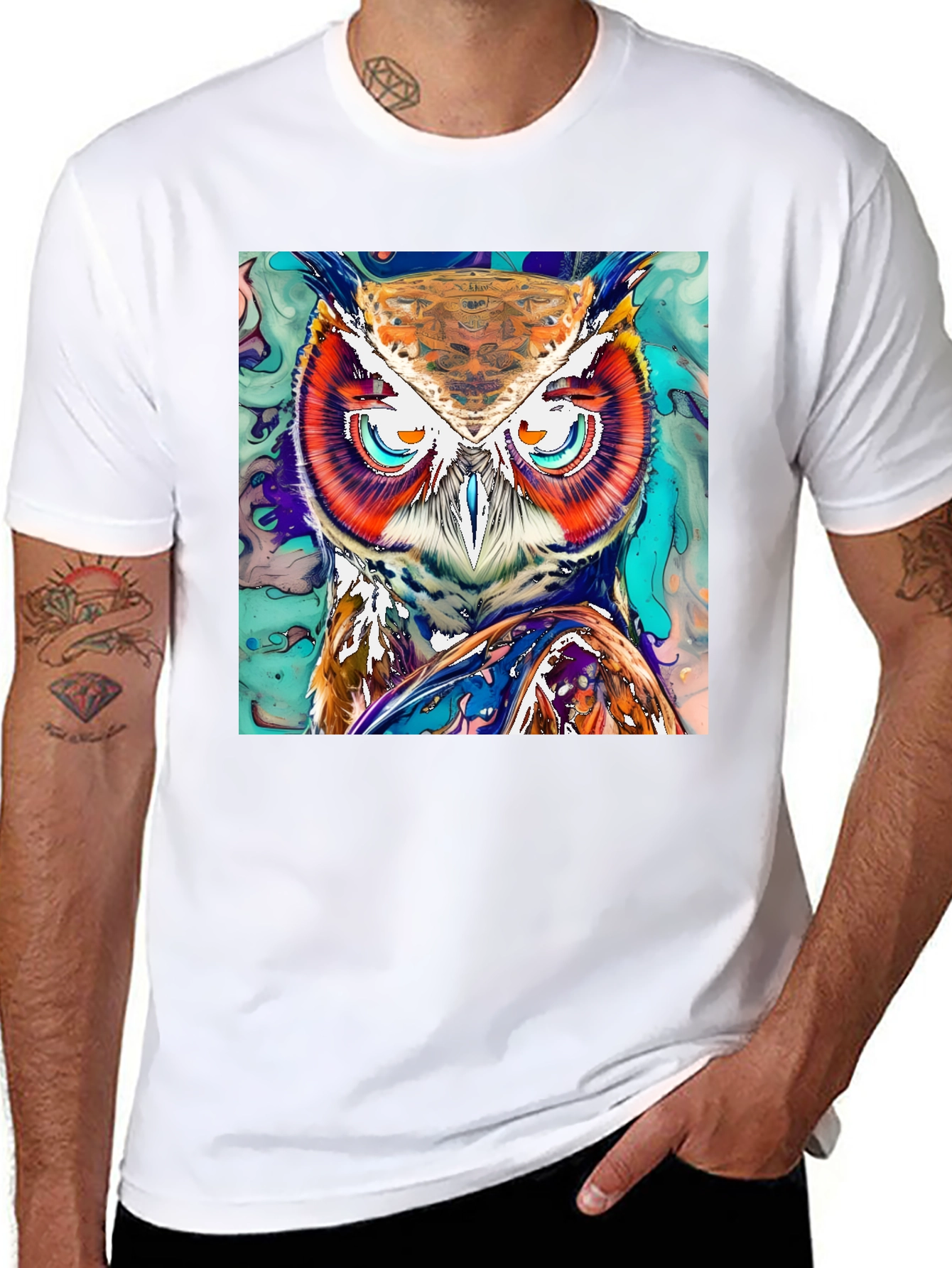 Black Artistic Owl Graphic Print T-Shirt view 8