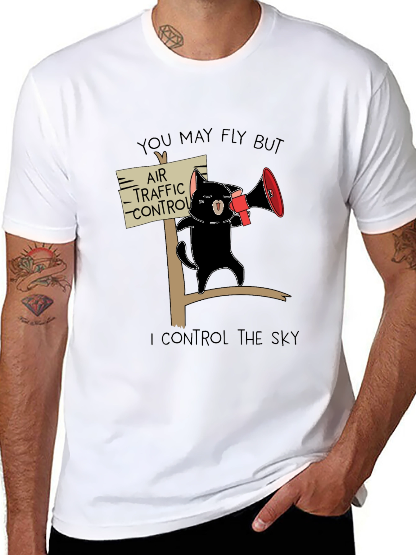 Black Air Traffic Control Cat T-Shirt - Funny Pilot Gift view 8