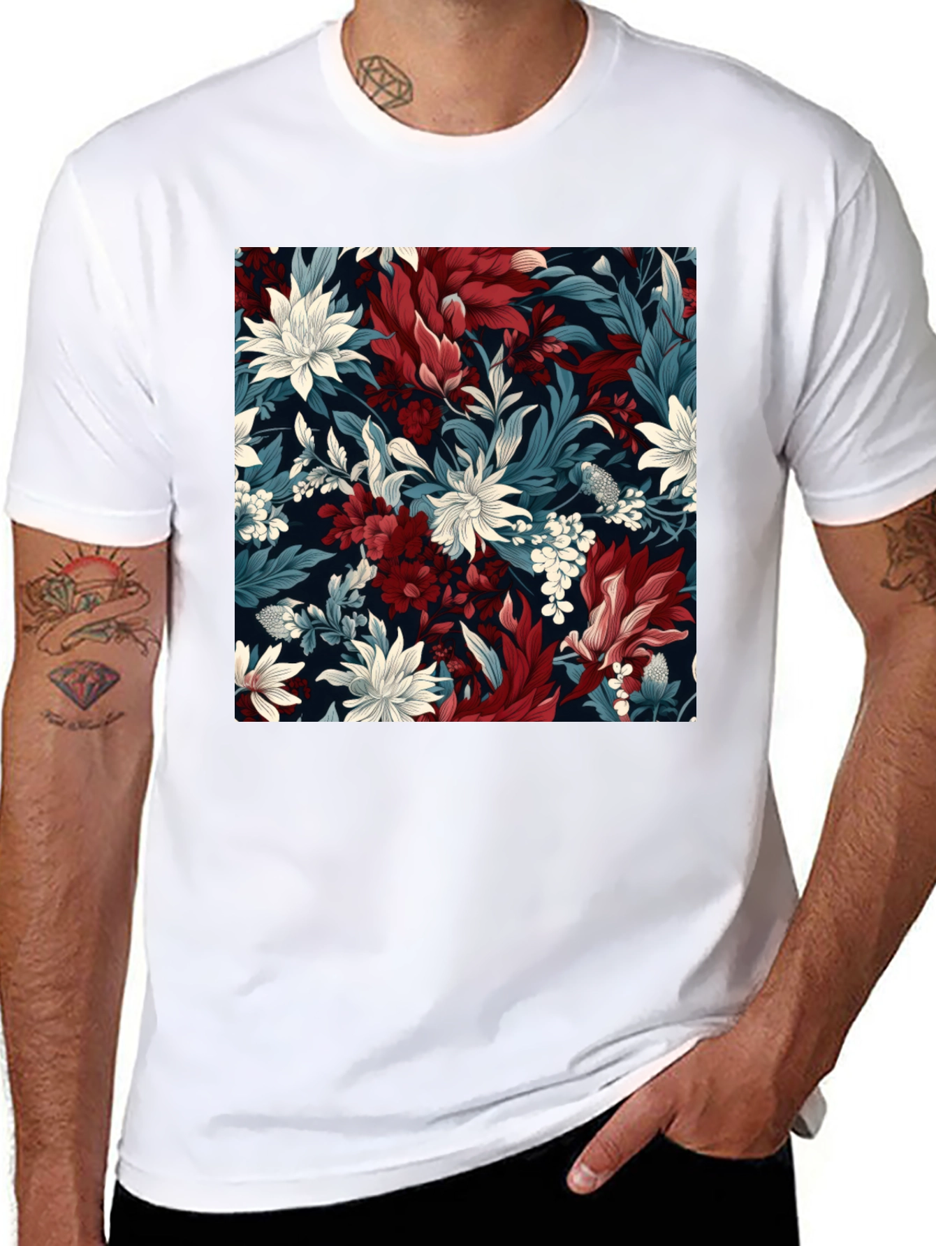Black Floral Pattern Black T-Shirt - Modern Style view 8