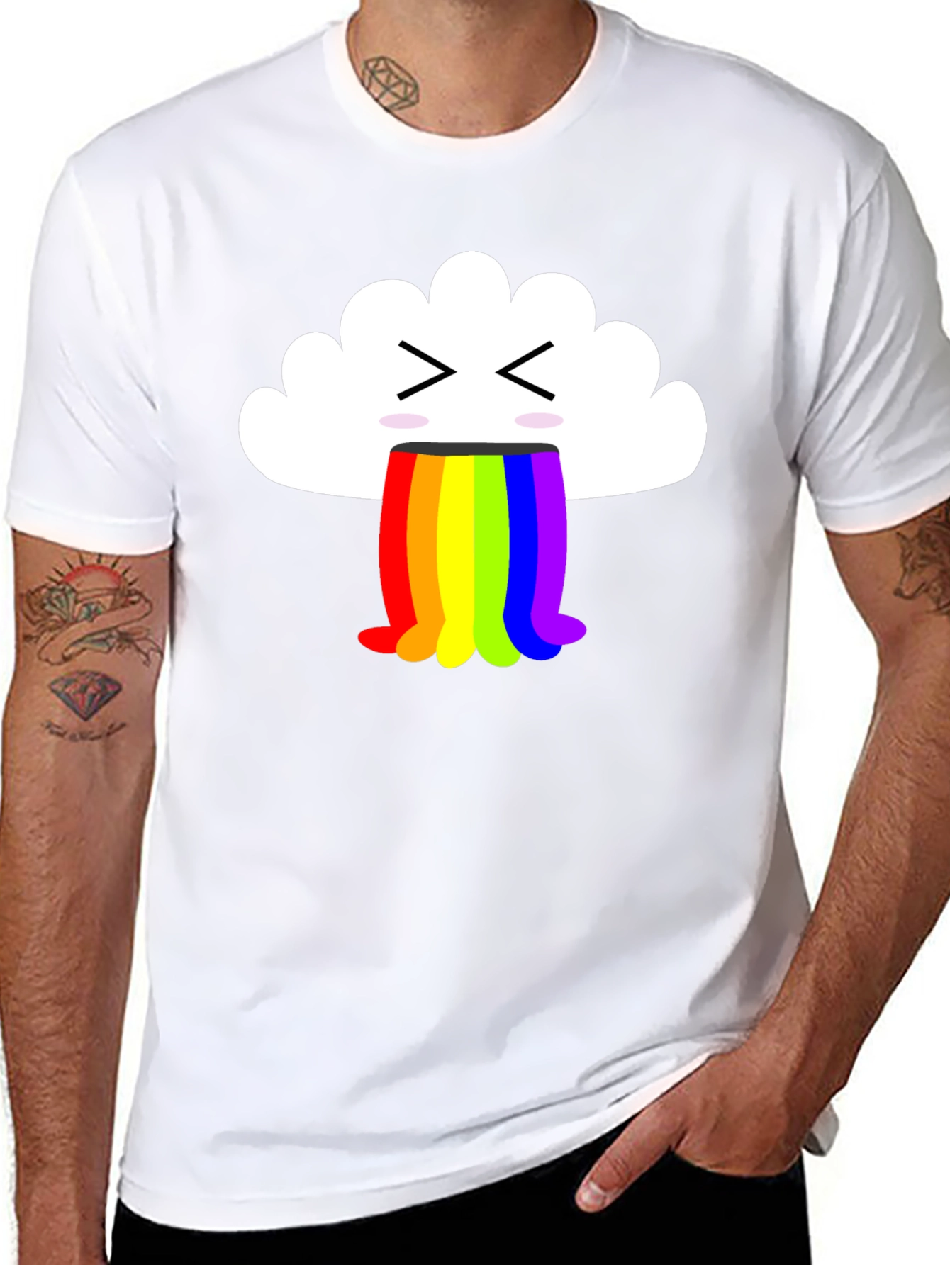 Black Funny Cloud Vomiting Rainbow T-Shirt - Black view 8