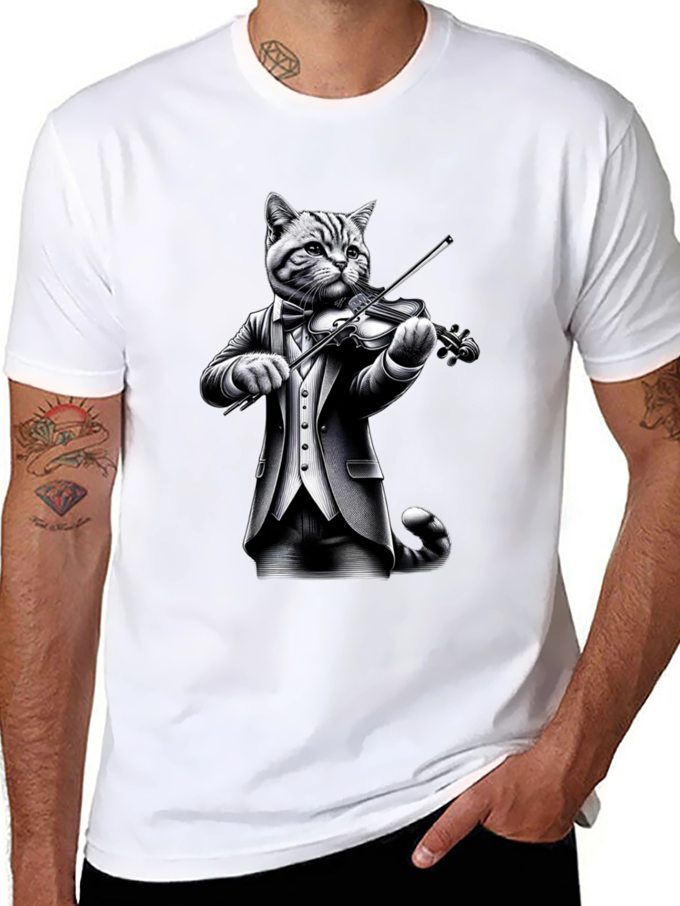 Black Cat Violinist T-Shirt - Unique Animal Graphic Tee view 8