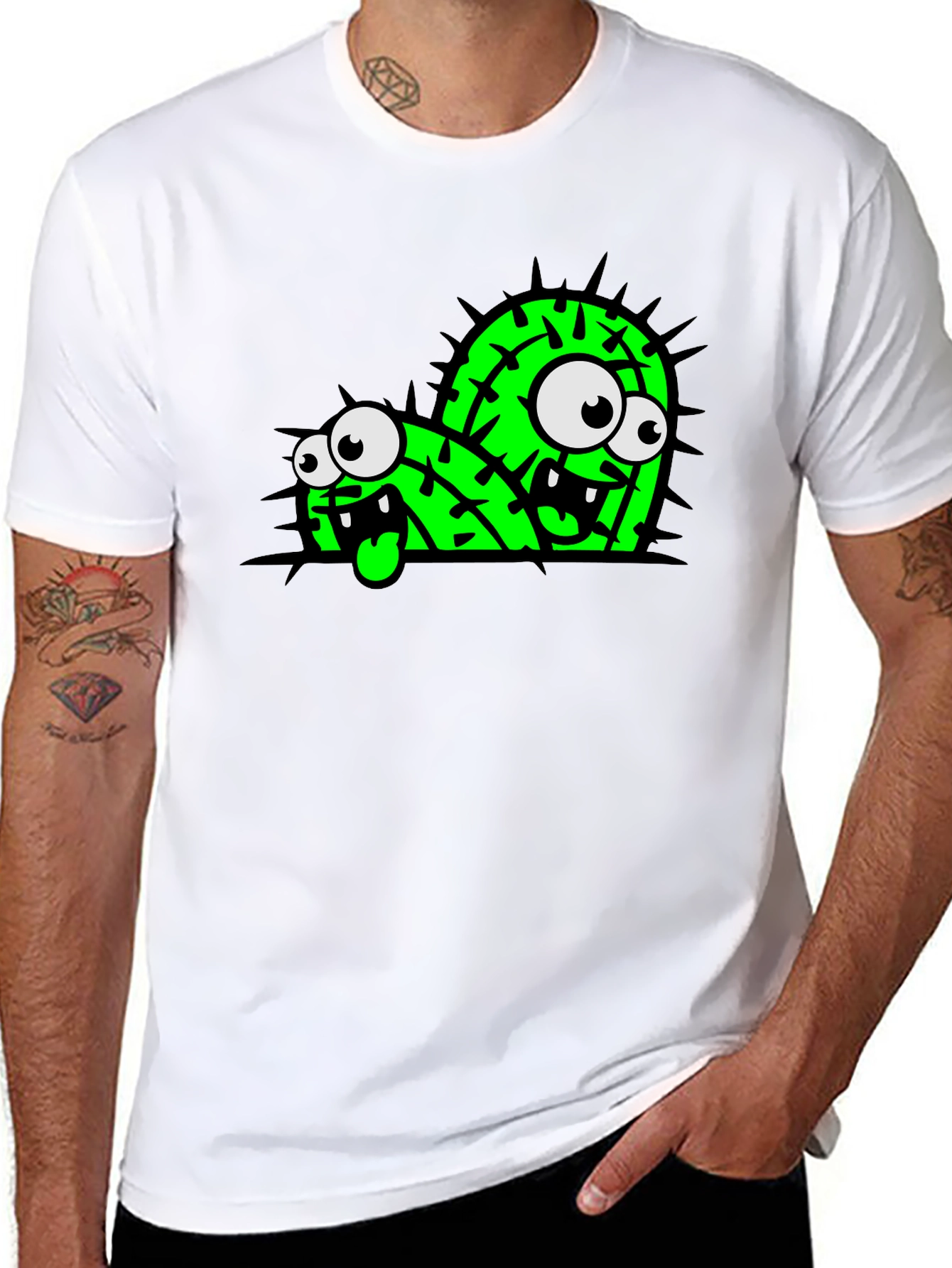Black Funny Cartoon Cactus Graphic Black T-Shirt view 8