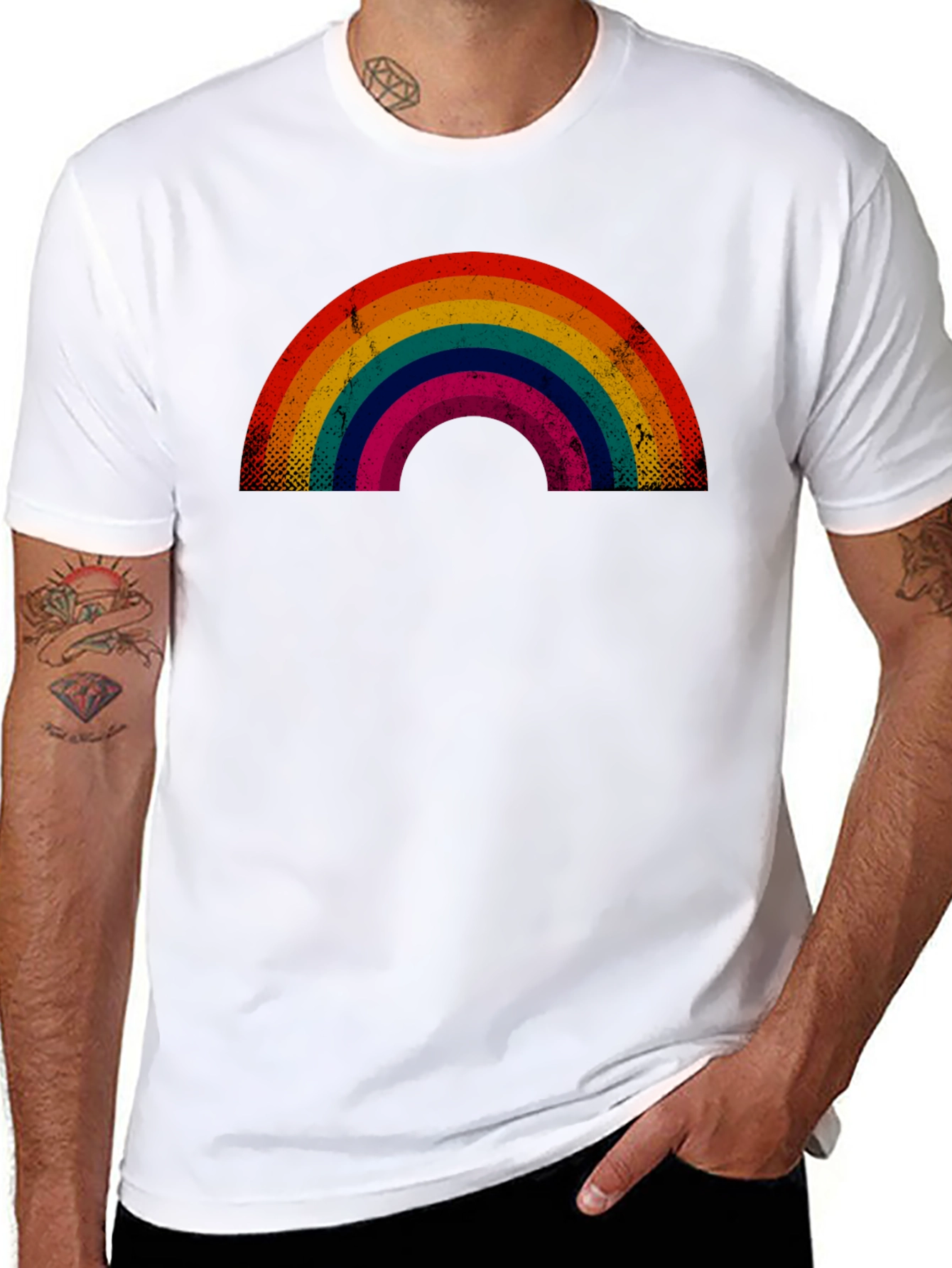 Black Retro Rainbow Graphic Tee - Black Cotton Blend view 8