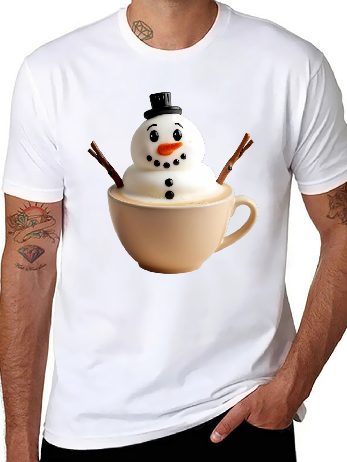 Black Whimsical Snowman Latte Art T-Shirt view 8