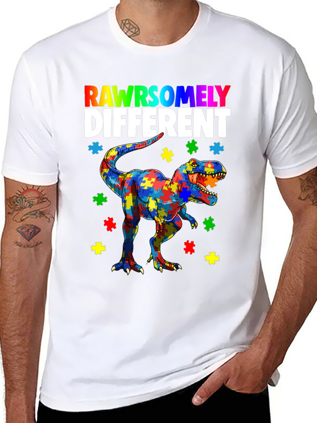 Black RAWRSOMELY DIFFERENT Autism Dinosaur T-Shirt view 8