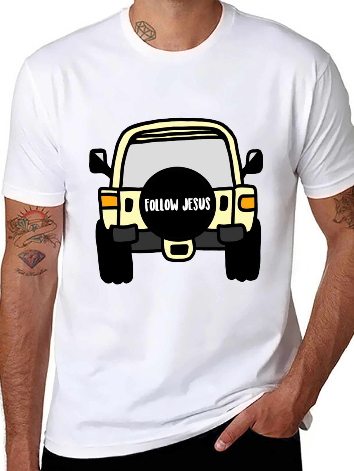 Black Follow Jesus Jeep T-Shirt - Black Cotton Tee view 8