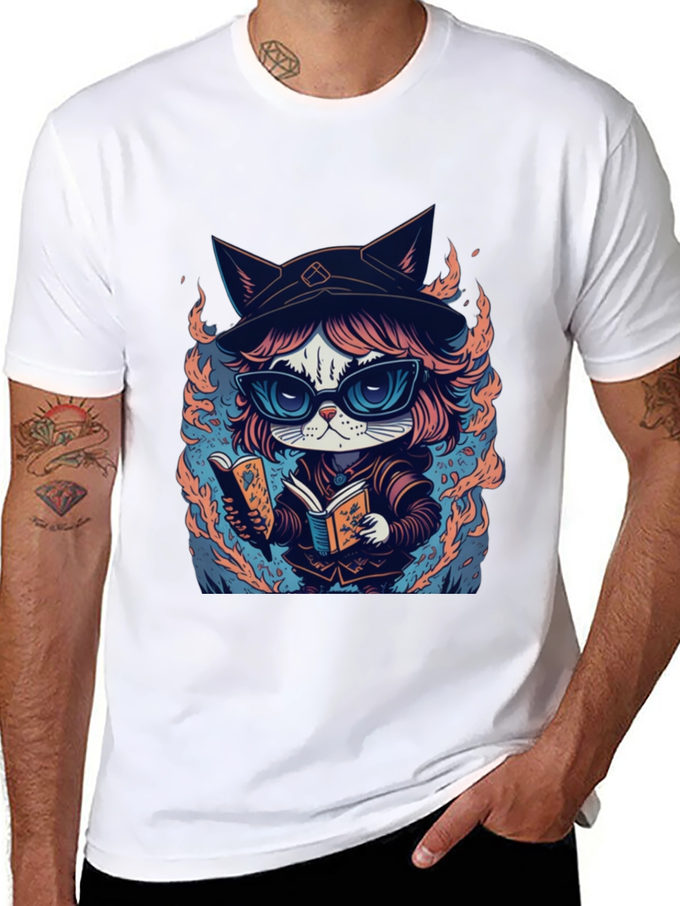 Black Wizard Cat T-Shirt - Bookish Feline Design view 8