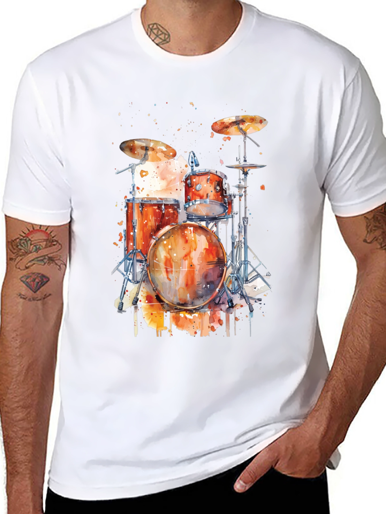 Black Drum Set Watercolor Graphic Tee view 8