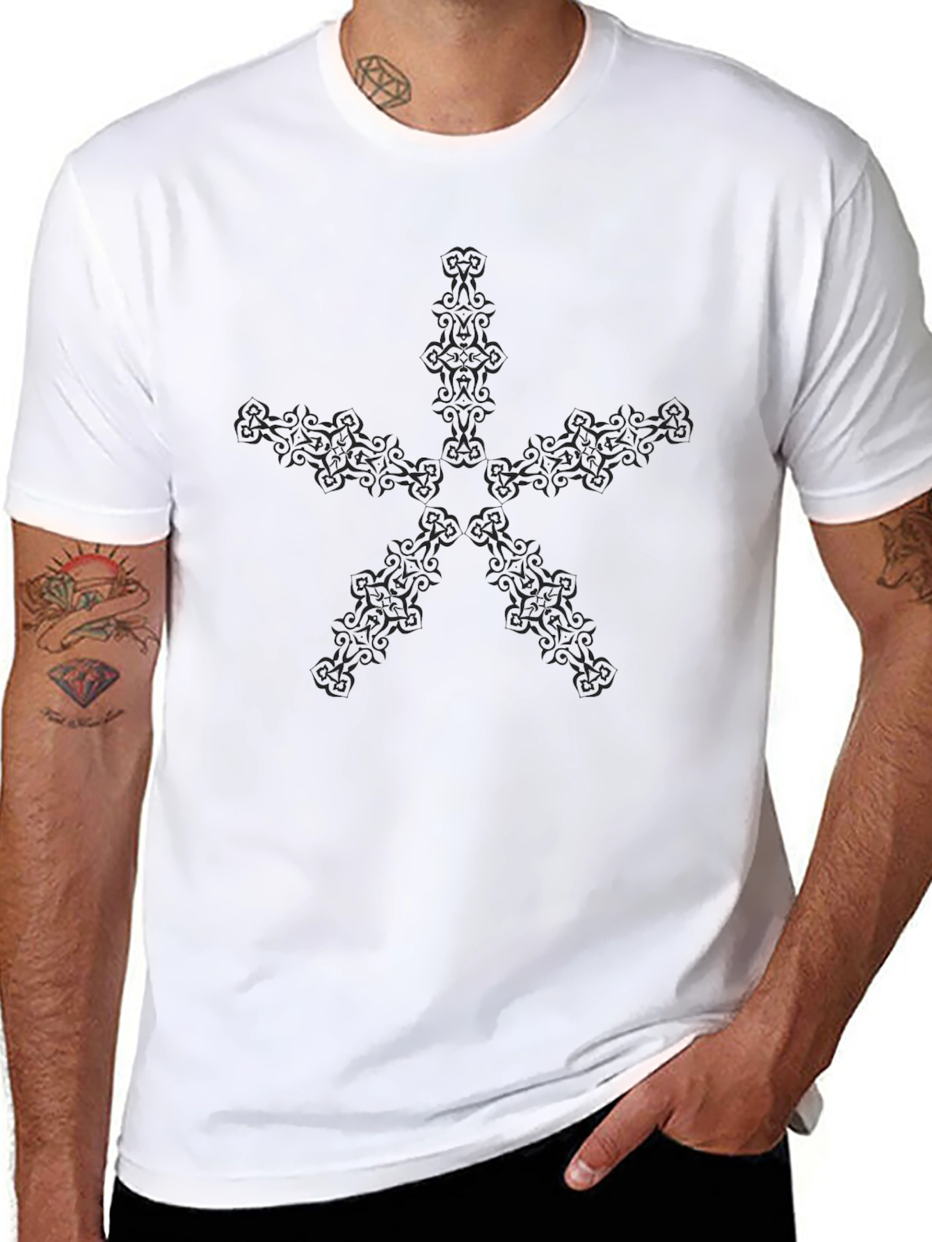 Black Men's Black T-Shirt with Abstract Star Design view 8