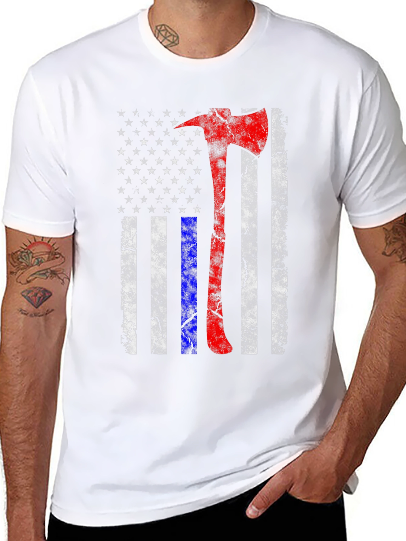 Black Firefighter Axe American Flag T-Shirt view 8