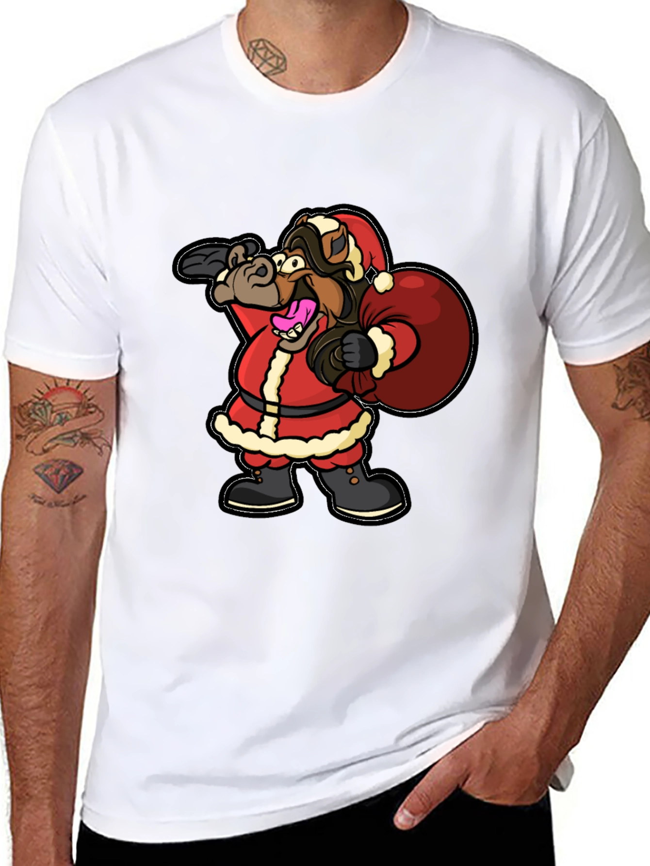 Black Funny Horse Santa Christmas Black T-Shirt view 8