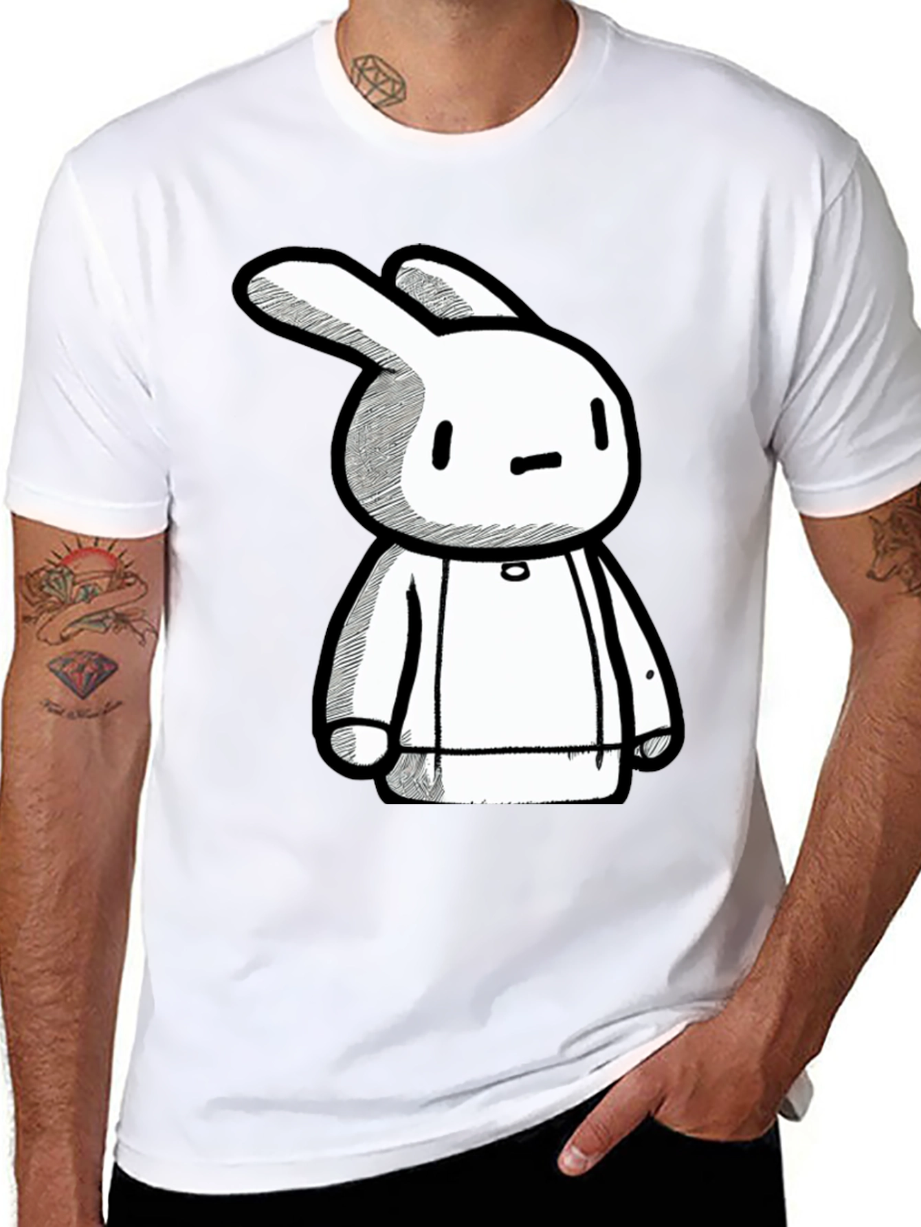 Black Cartoon Bunny Graphic Print Black Tee view 8