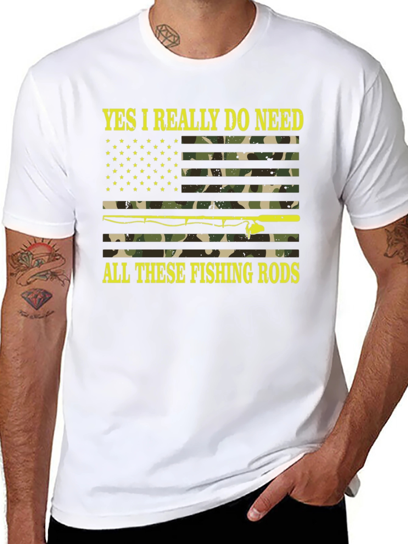Black Funny Fishing Rods Camo Flag Graphic Tee view 8