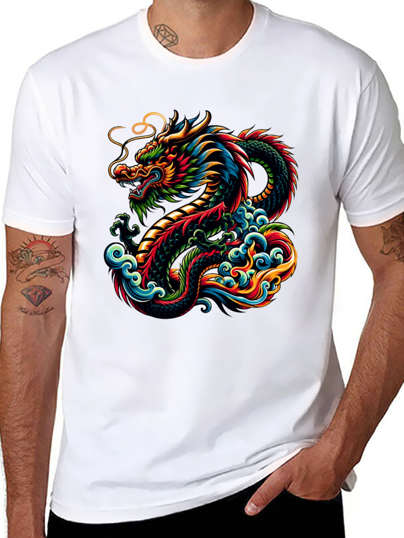Black Vibrant Dragon Graphic Tee - Black Cotton T-Shirt view 8