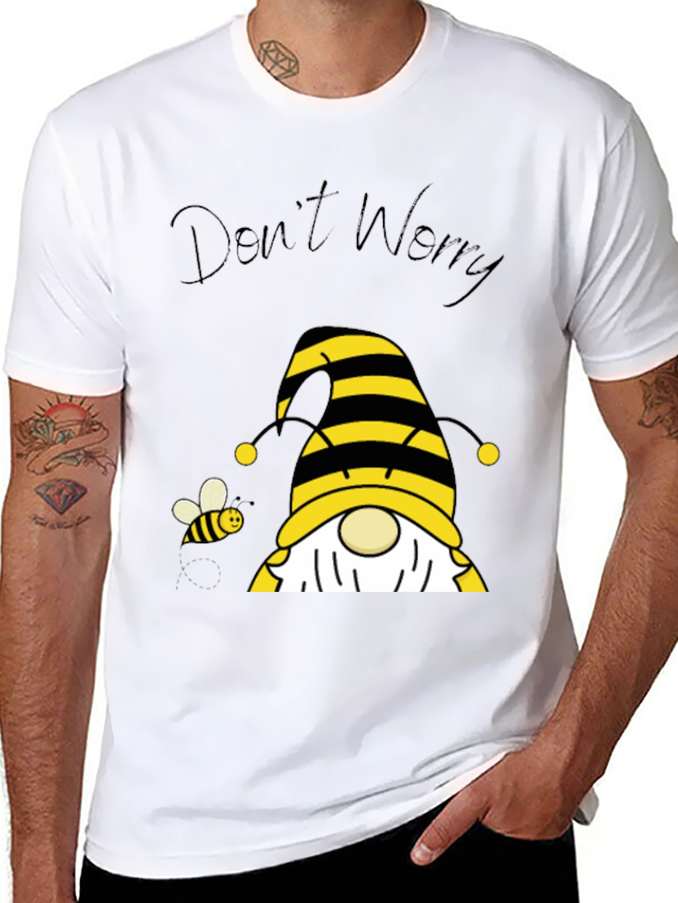 Black Don't Worry Bee Happy Gnome T-Shirt view 8