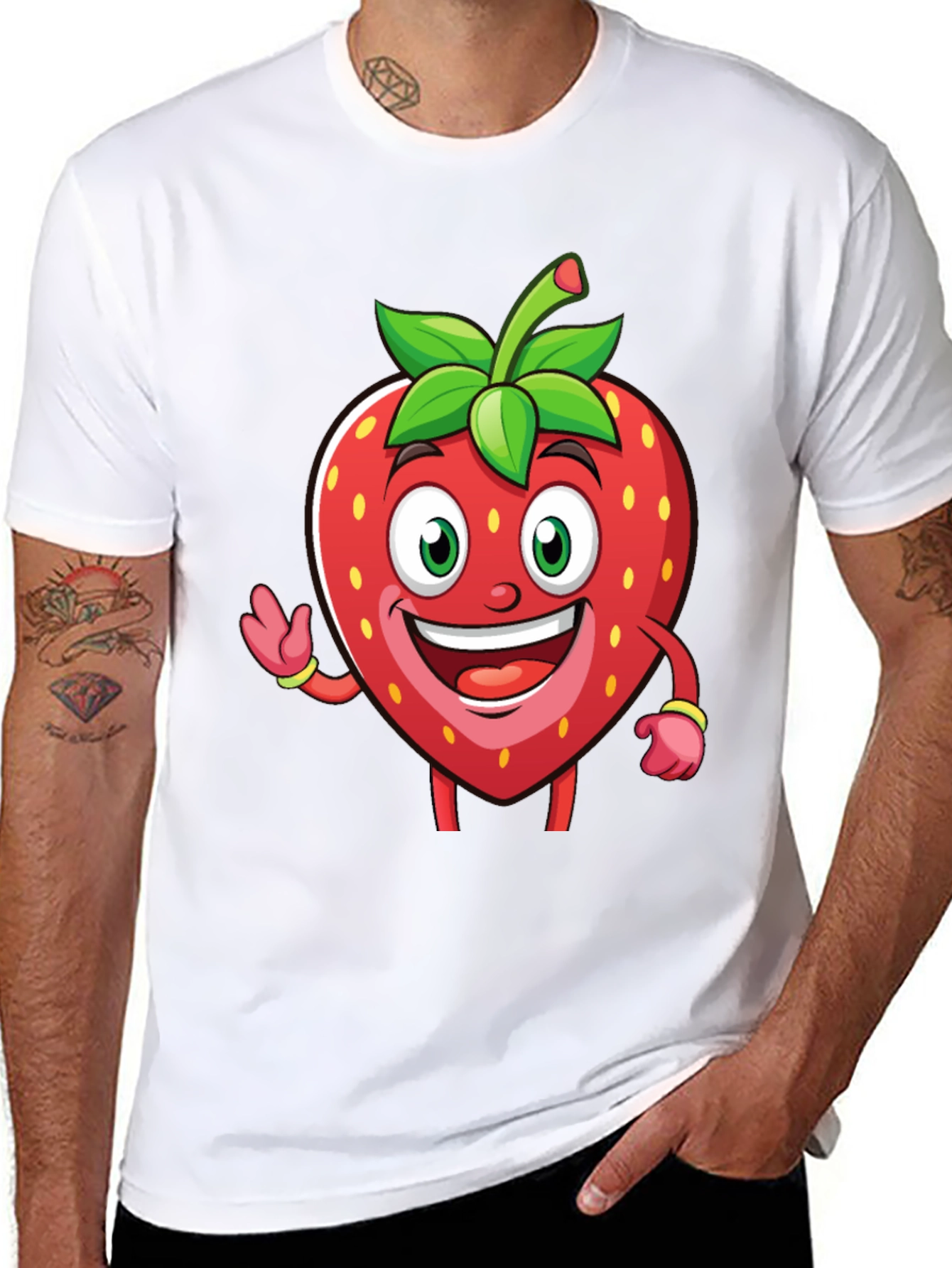 Black Funny Strawberry Cartoon T-Shirt - Black view 8