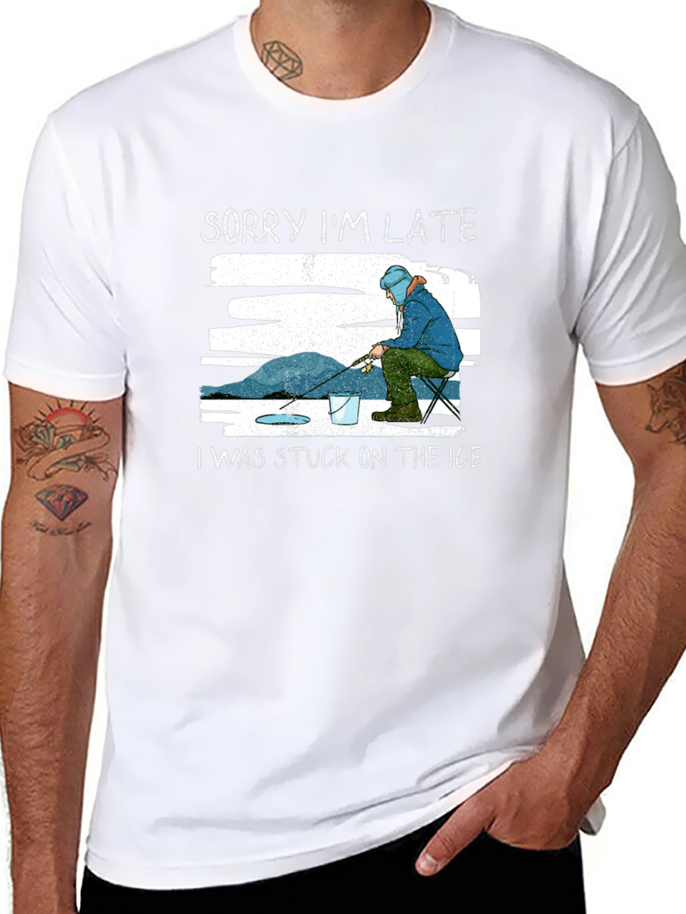 Black Sorry I'm Late Ice Fishing T-Shirt view 8