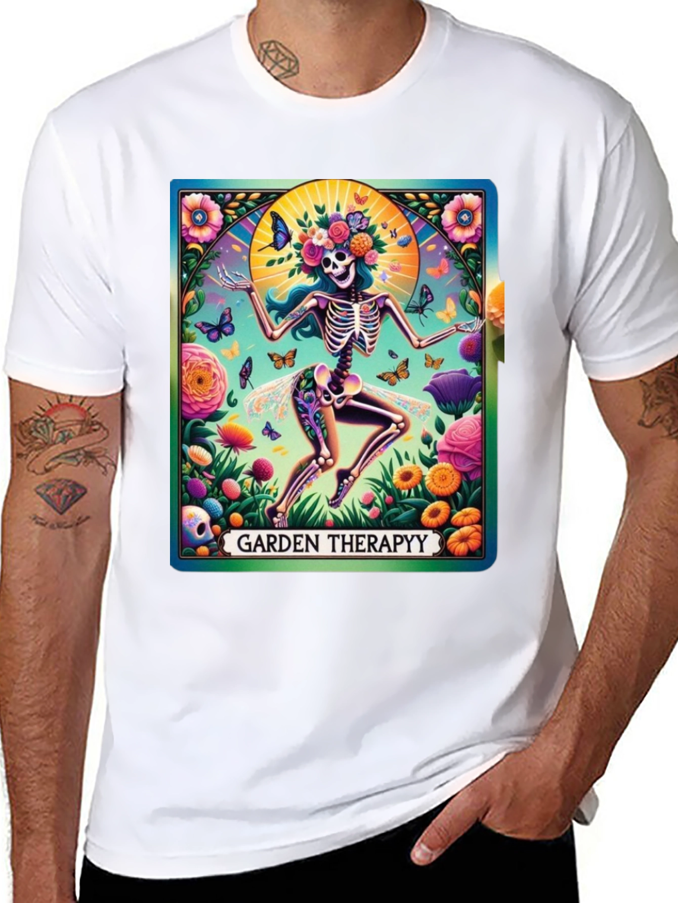 Black Garden Therapy T-Shirt: Skeleton Flower Power Tee view 8