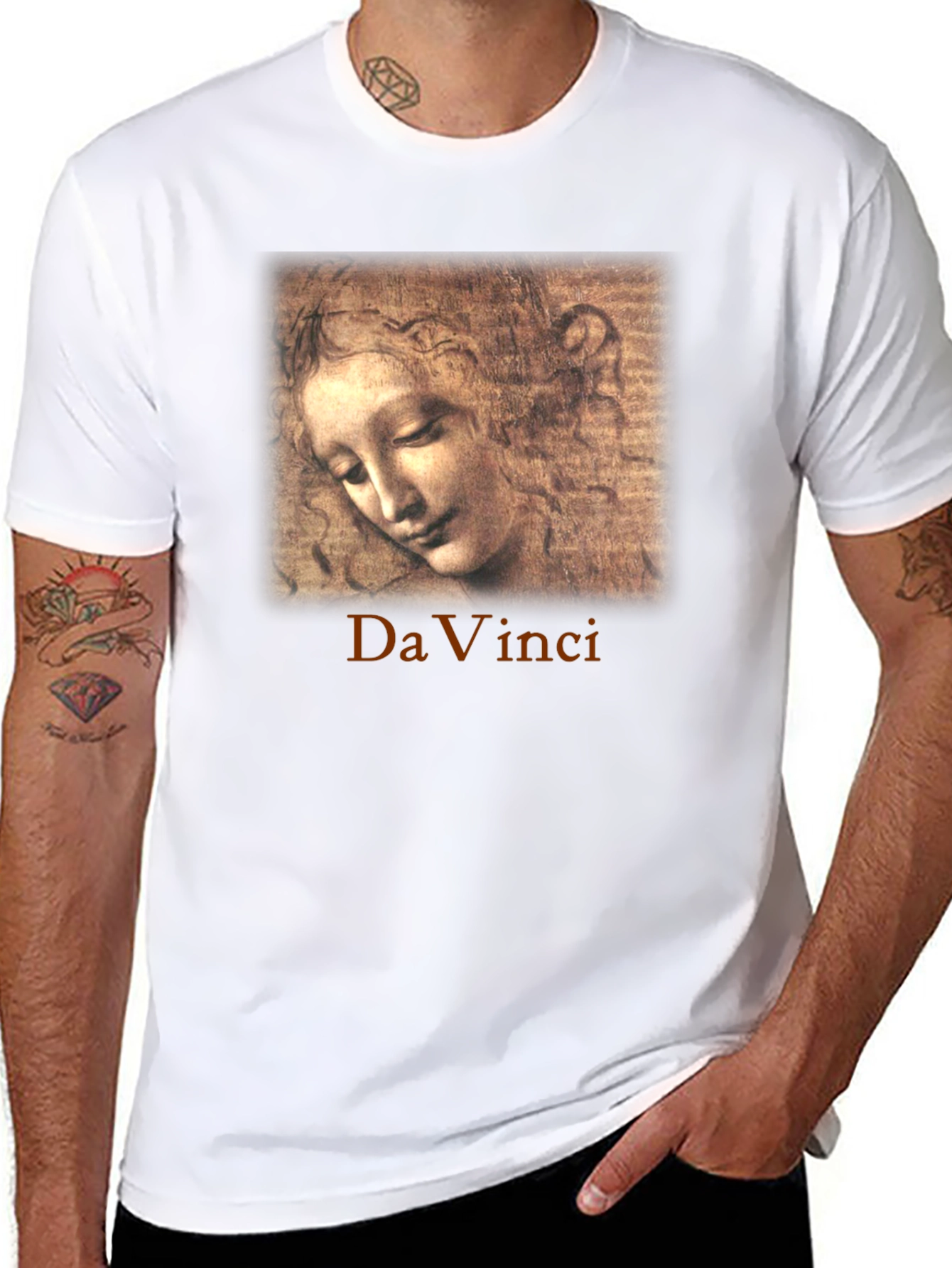 Black Da Vinci Sketch Portrait Graphic T-Shirt view 8