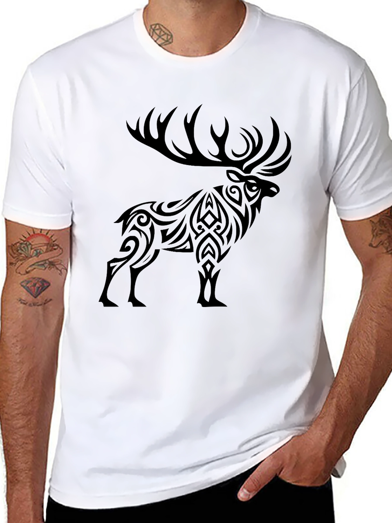 Black Tribal Elk Graphic Print T-Shirt view 8