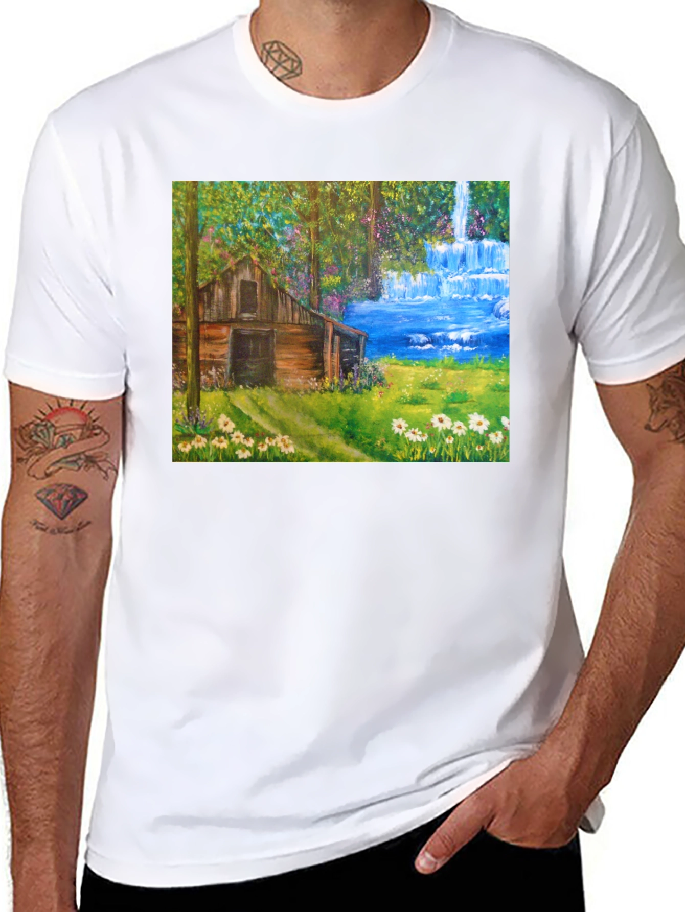 Black Cabin Waterfall Nature T-Shirt view 8