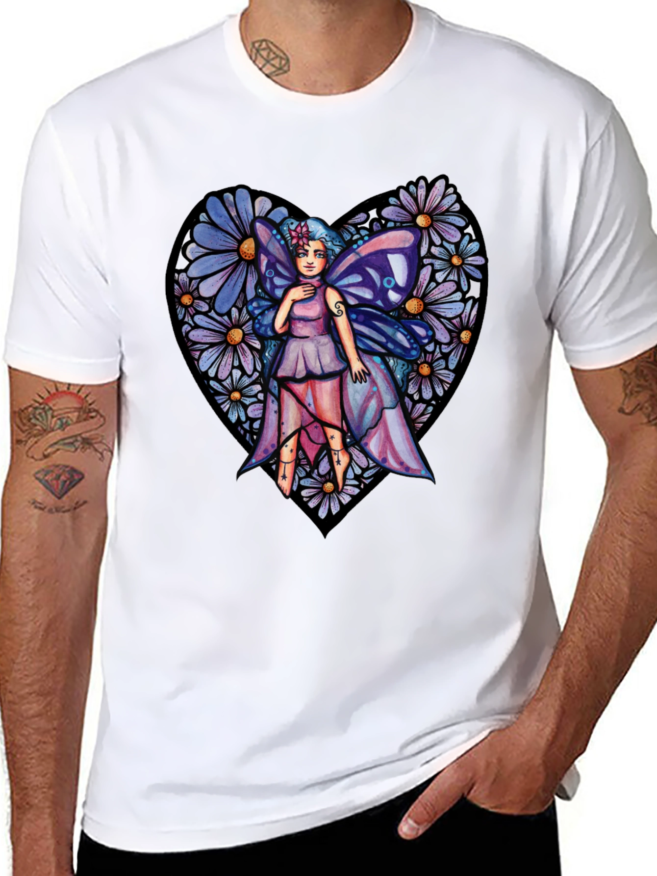 Black Fairy Heart T-Shirt, Floral Graphic Tee, Unique Design view 8