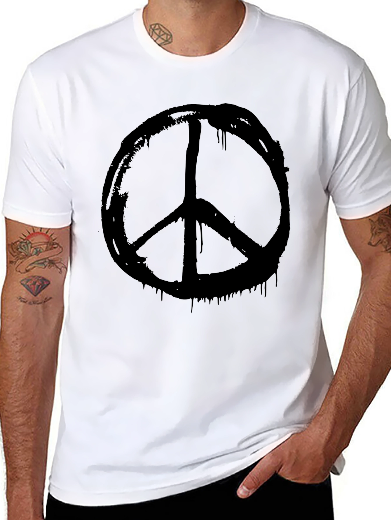 Black Peace Sign Graphic Tee - Black Cotton Casual Wear view 8
