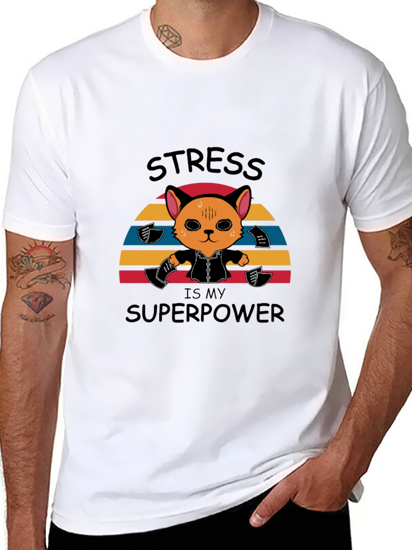 Black Stress is My Superpower Funny Cat T-Shirt view 8
