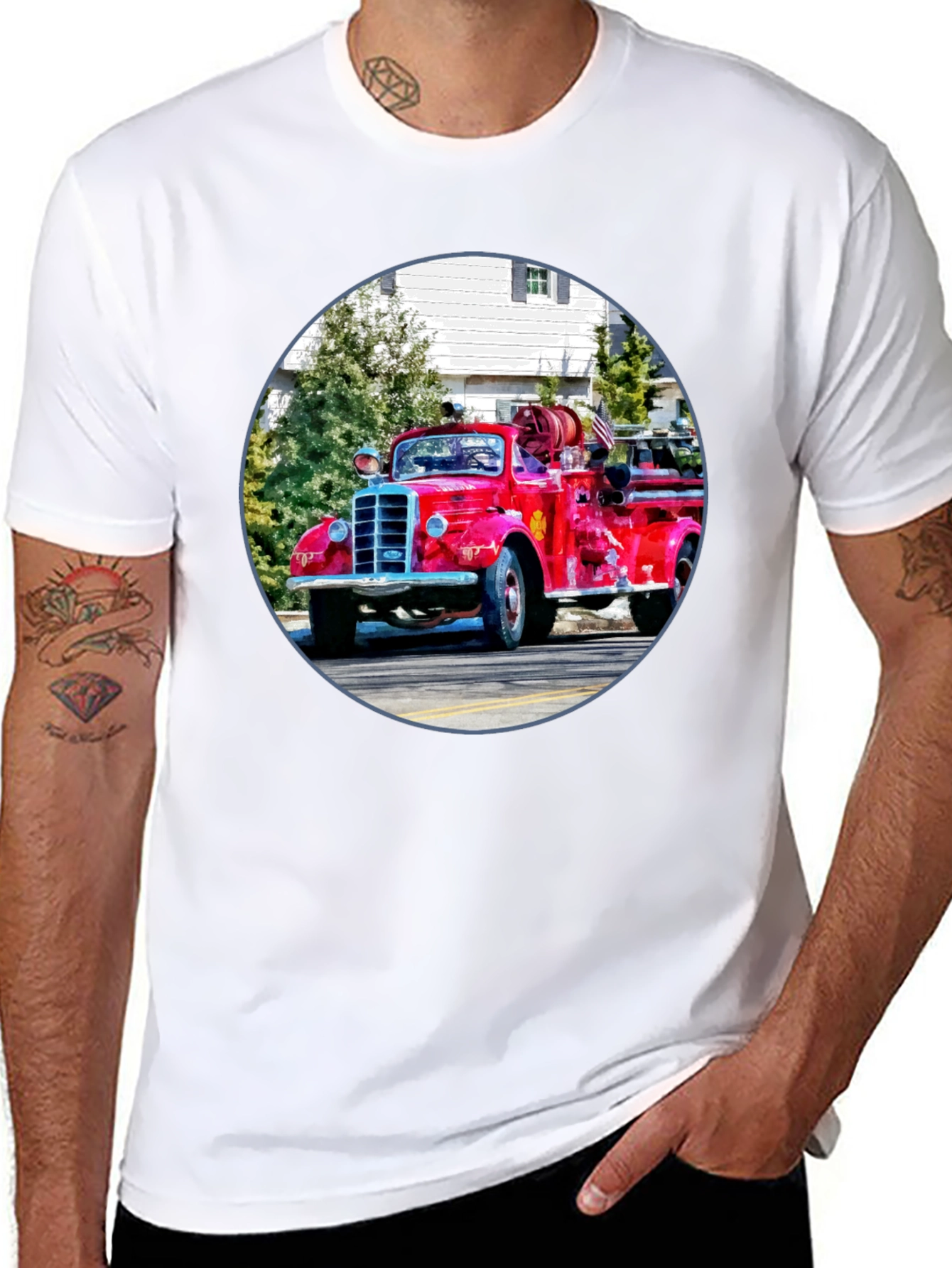 Black Vintage Fire Truck Graphic T-Shirt - Classic Design view 8