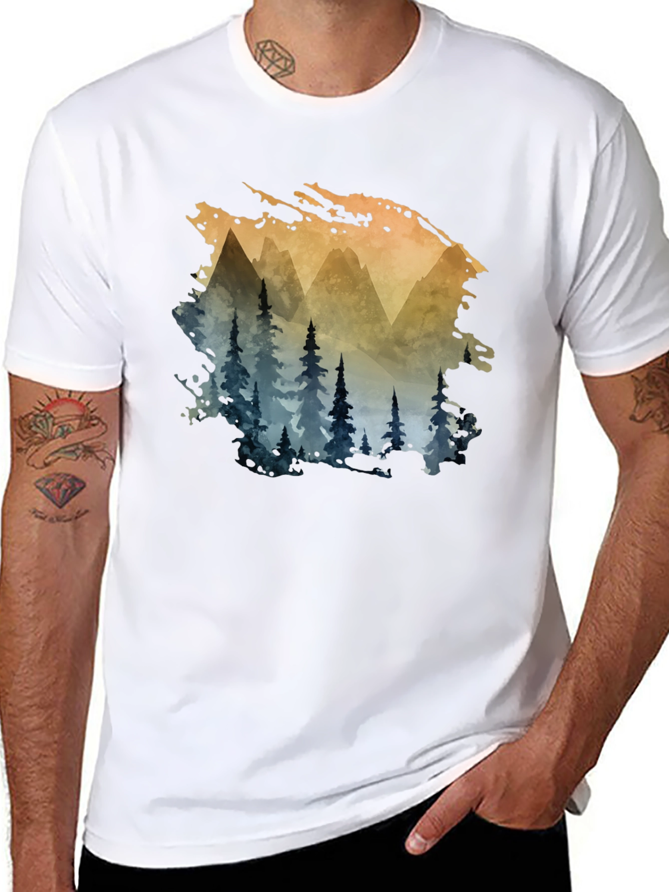 Black Watercolor Mountain & Trees Graphic Tee - Black view 8