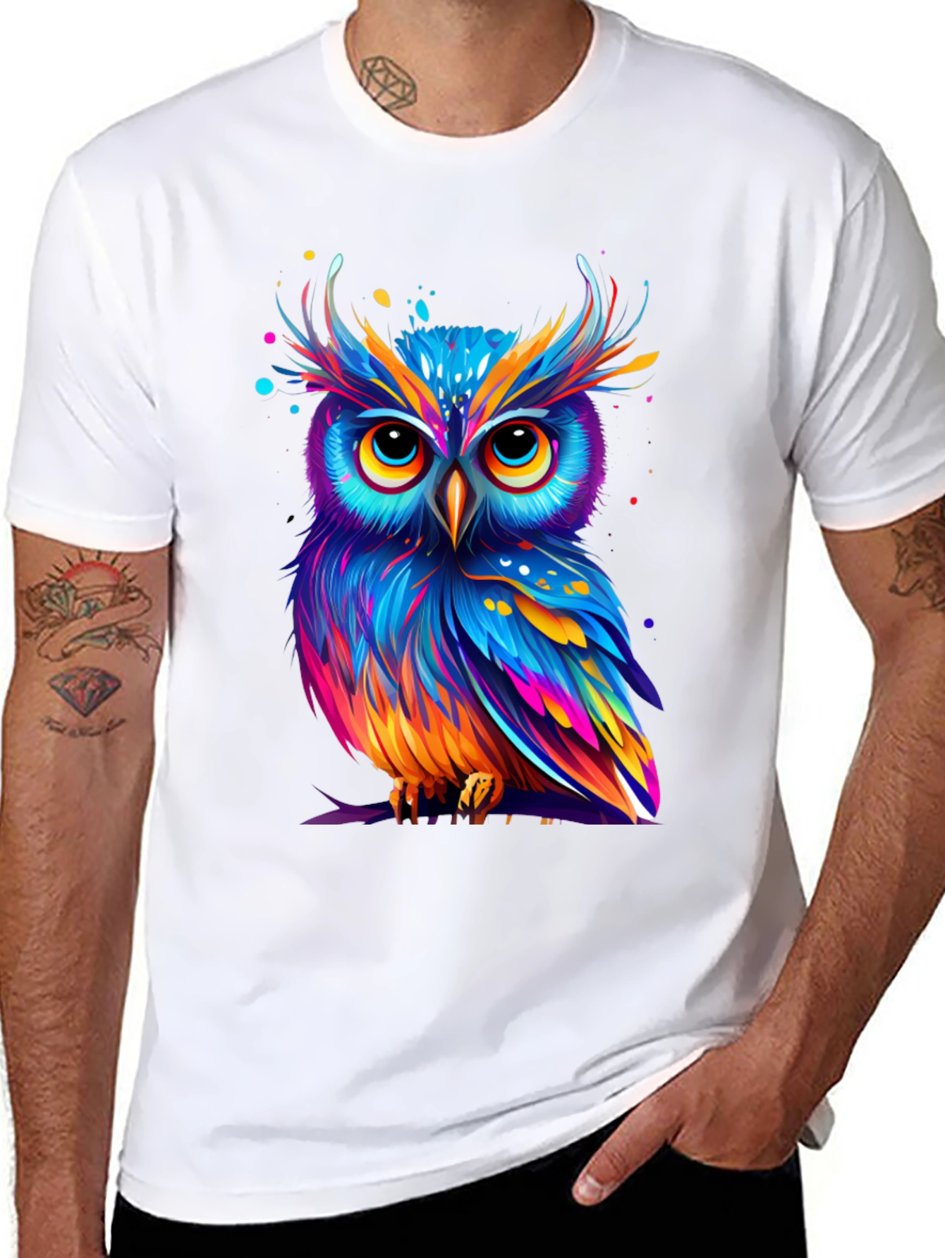 Black Colorful Owl Graphic Tee - Unique Art T-Shirt view 8
