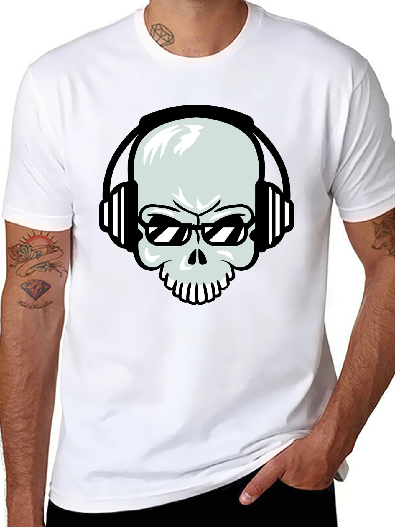 Black Skull with Headphones Graphic Tee - Black Cotton T-Shirt view 8