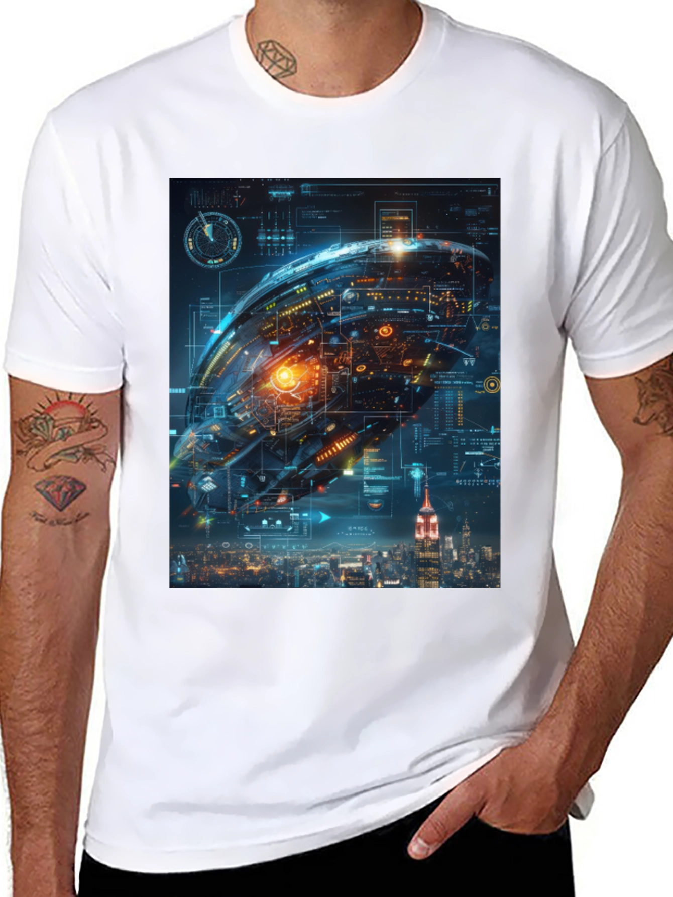 Black Sci-Fi Spaceship Over New York T-Shirt view 8