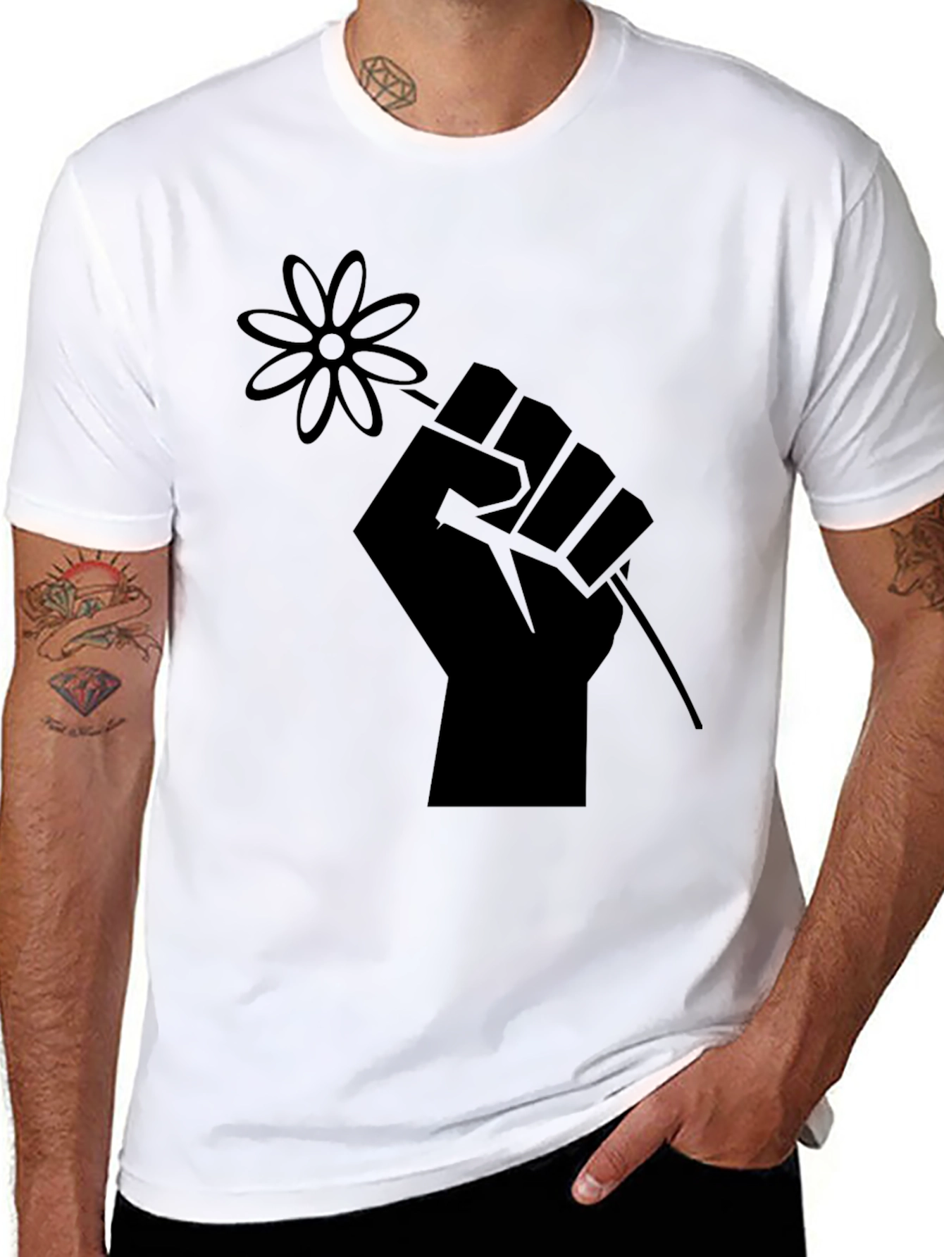 Black Black T-Shirt with Raised Fist & Flower Graphic view 8