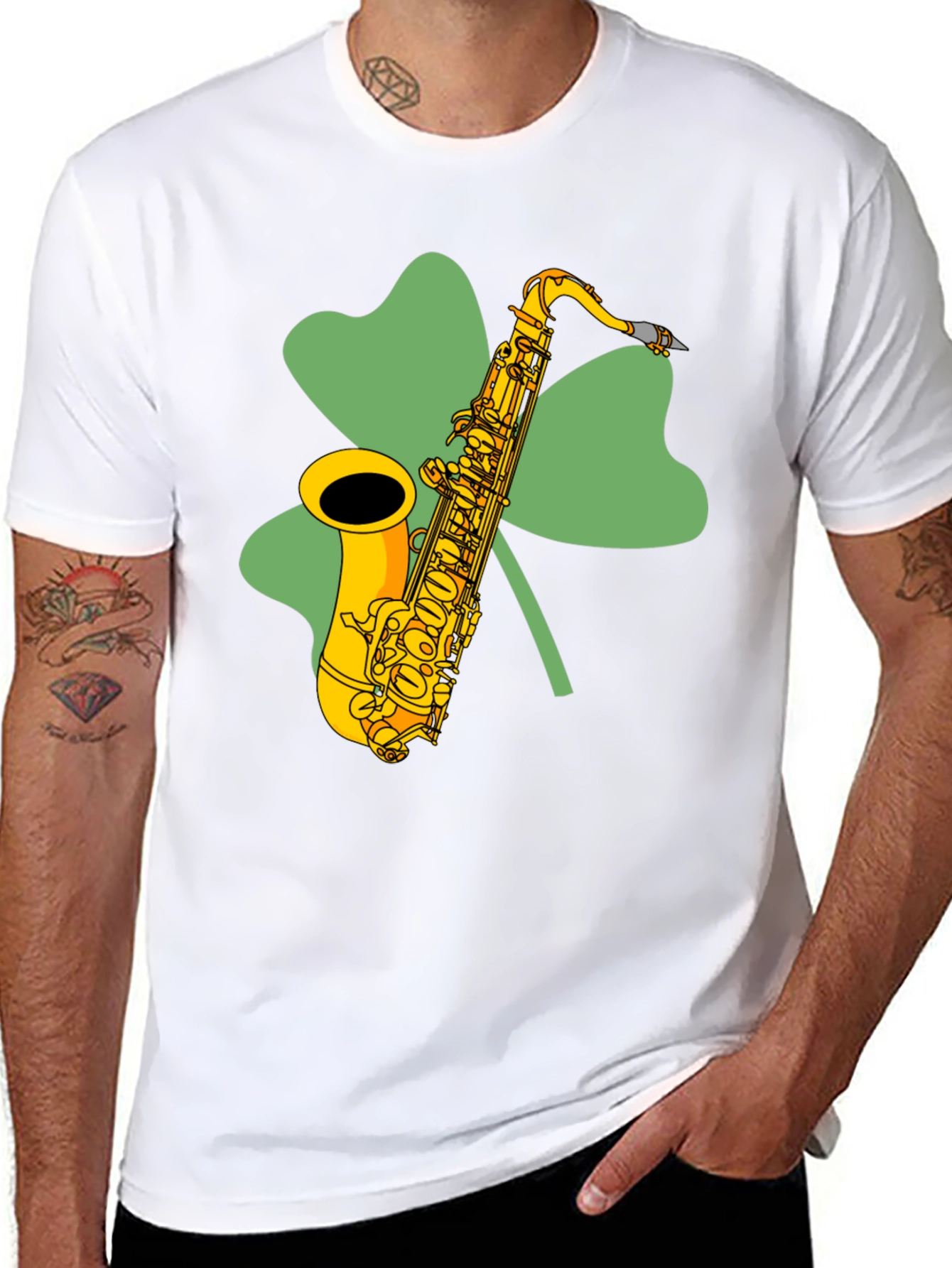 Black St. Patrick's Day Saxophone Shamrock T-Shirt view 8