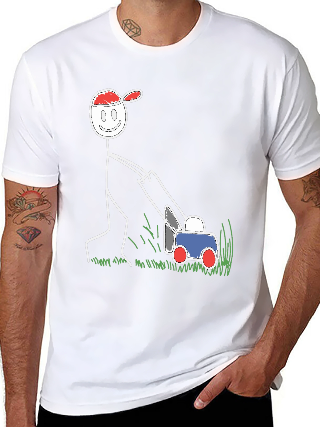 Black Funny Stick Figure Lawn Mower Graphic Tee view 8