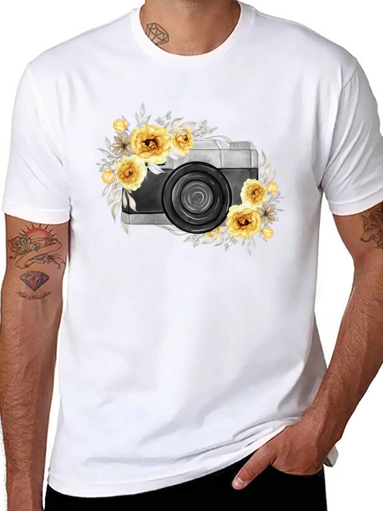 Black Floral Camera Graphic T-Shirt - Black Cotton Tee view 8