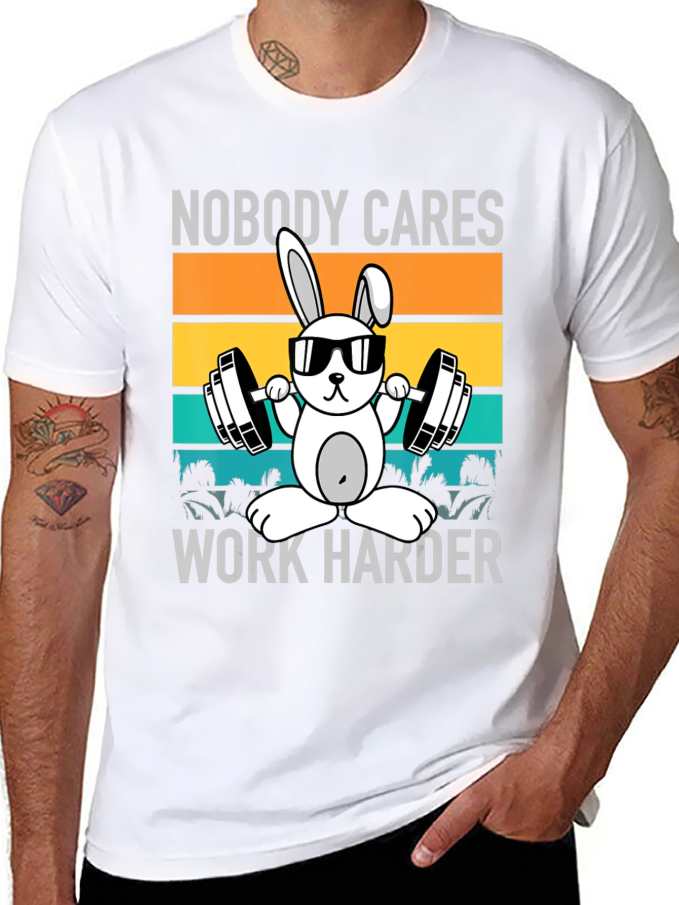 Black Funny Workout Bunny T-Shirt - Nobody Cares, Work Harder view 8