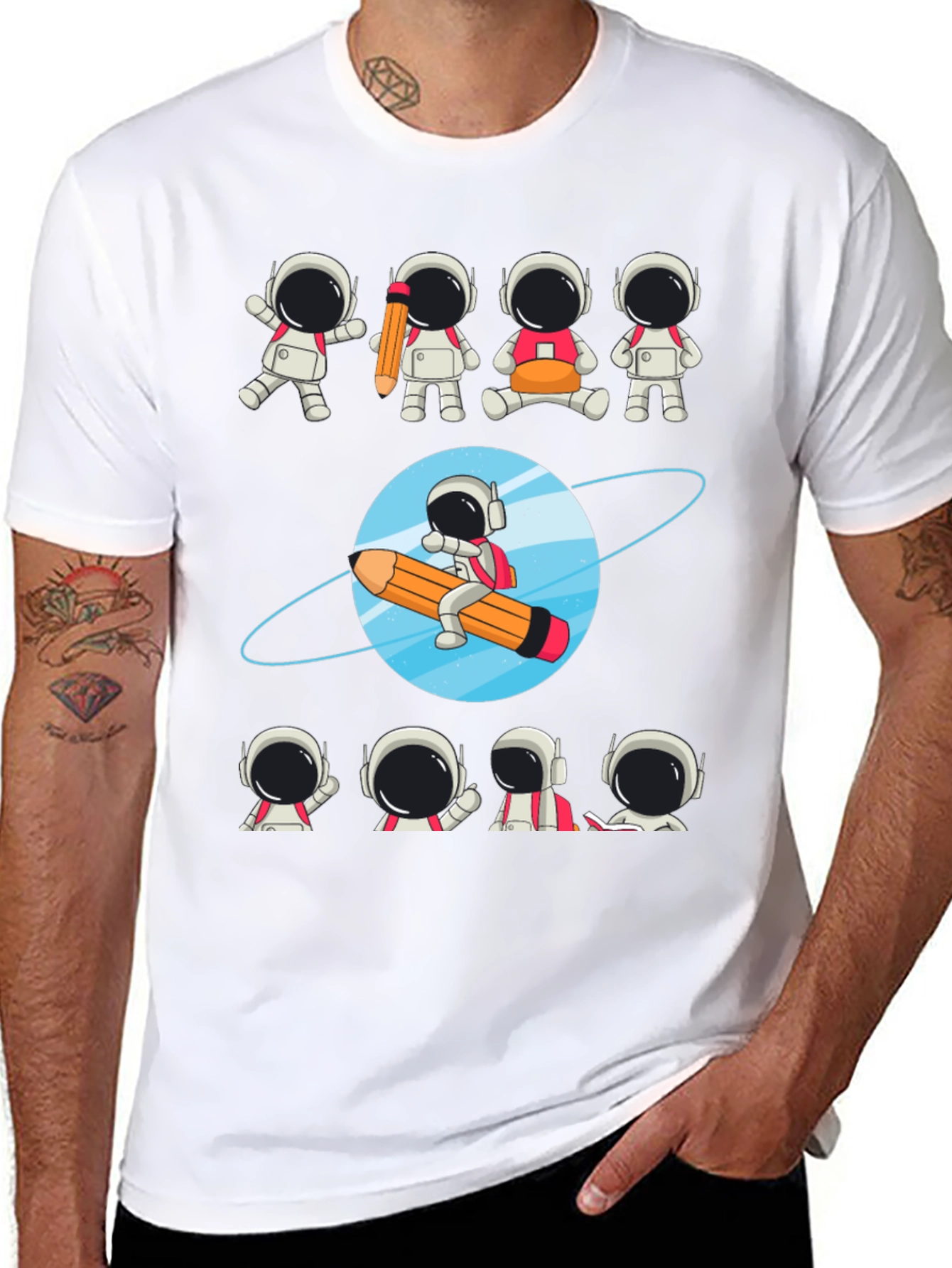 Black Astronaut Pencil Planet T-Shirt - Creative Space Design view 8