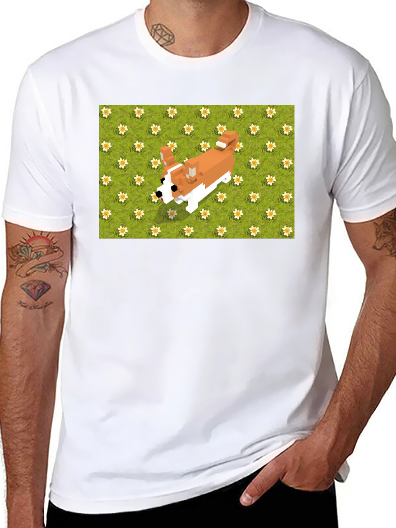 Black Pixel Dog T-Shirt - Corgi on Flowers view 8