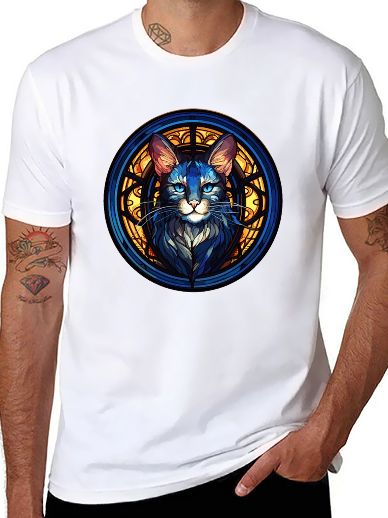 Black Stained Glass Cat Graphic Black T-Shirt view 8